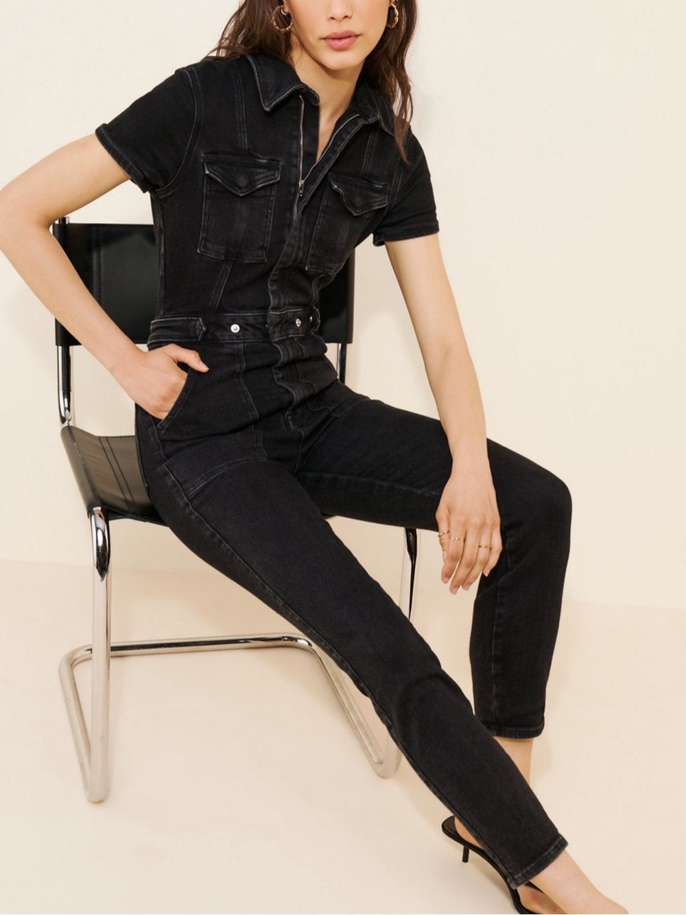 Good American NWT fit for success black wash straight leg denim jumpsuit sz s